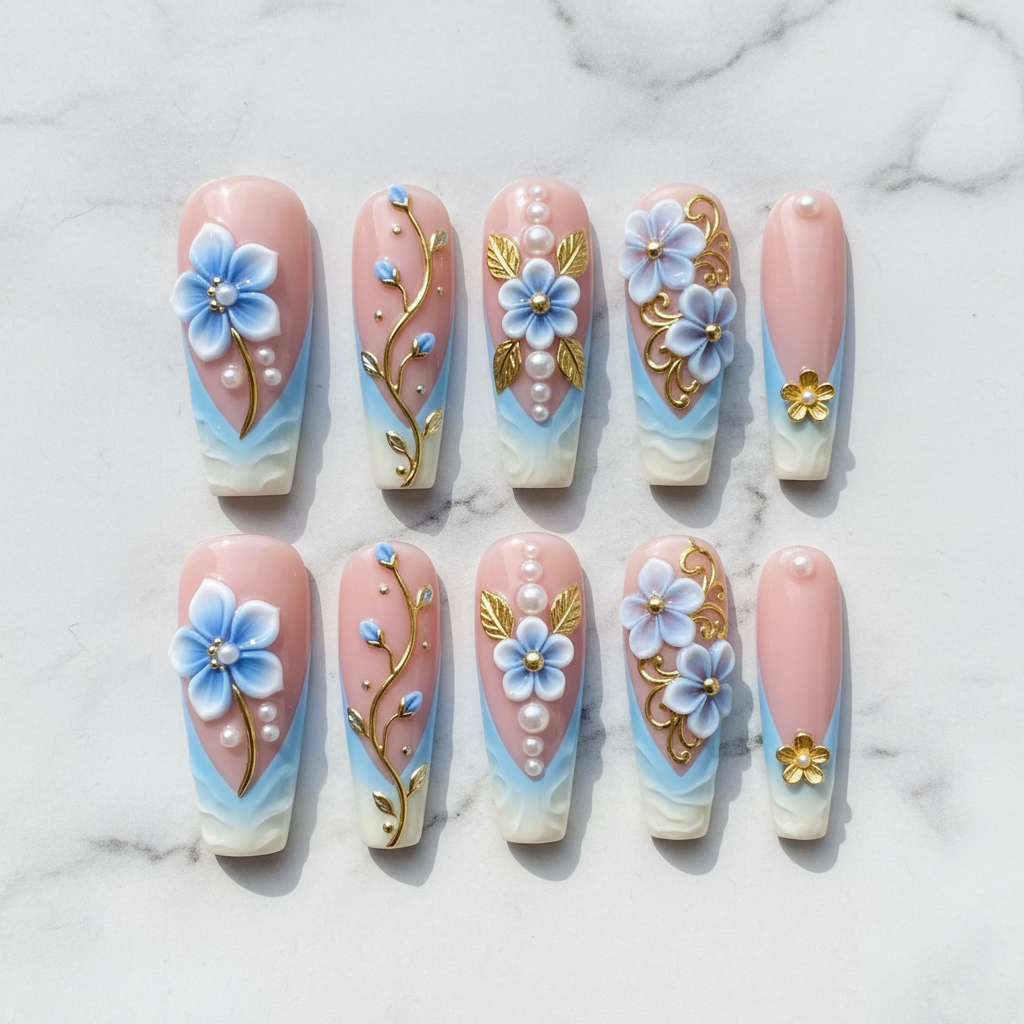 Flat lay top-down full set 10 blue 3D floral gold leaf pearl salon-quality nails white marble — LuxepressCo