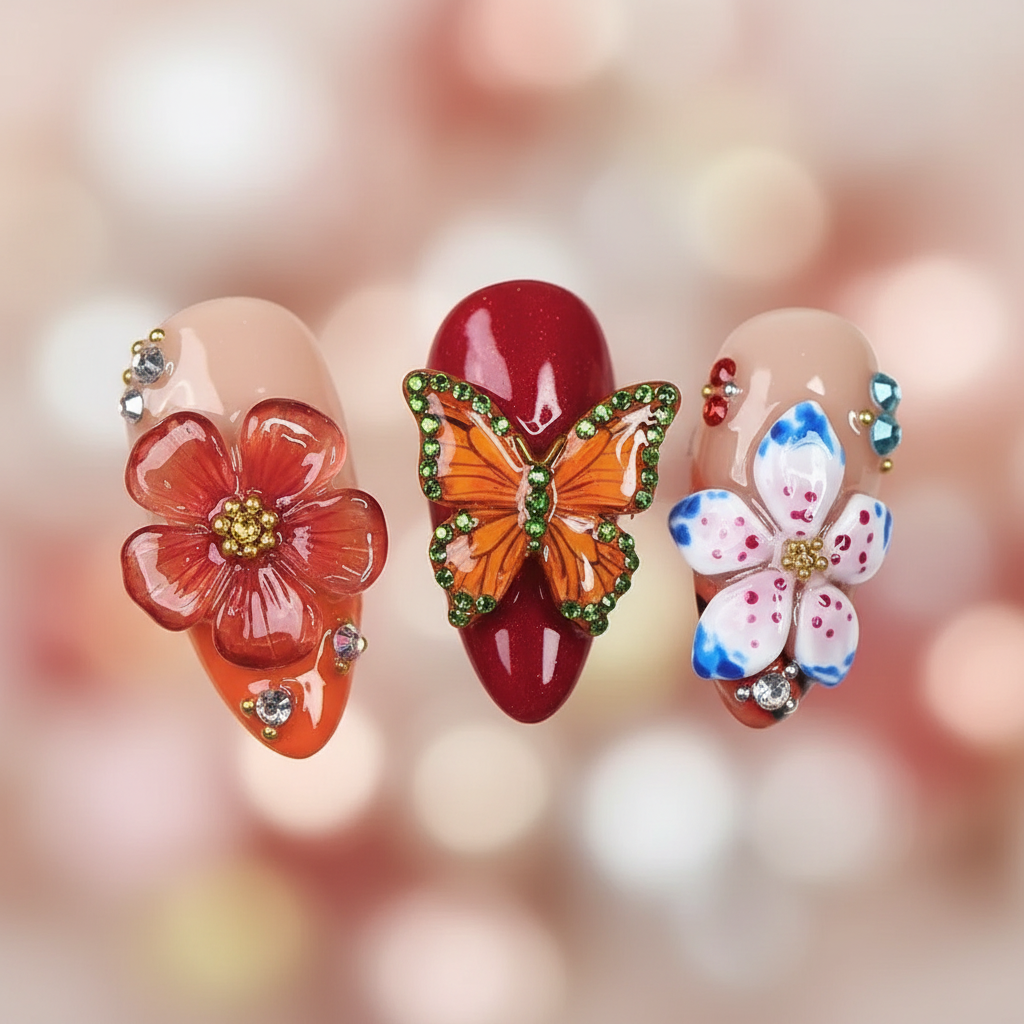 Macro close-up 3D resin flower butterfly charm crystal gems colorful salon-quality press-on nails — LuxepressCo