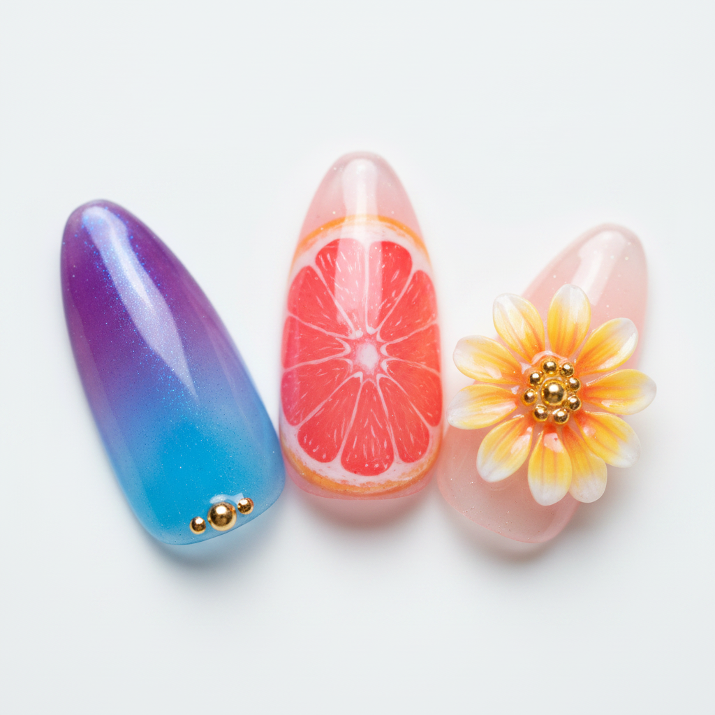 Macro close-up purple blue aurora gradient 3D yellow daisy gold bead pink citrus starburst nail art — LuxepressCo