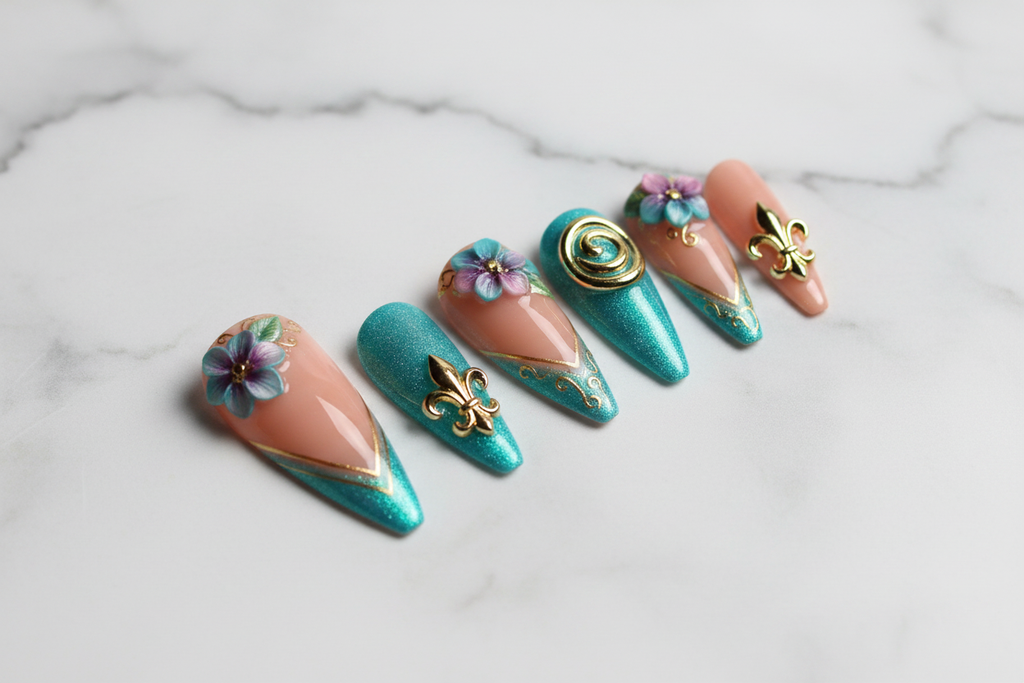 Hero studio shot full set 10 teal gold 3D floral stiletto custom press-on nails white marble — LuxepressCo