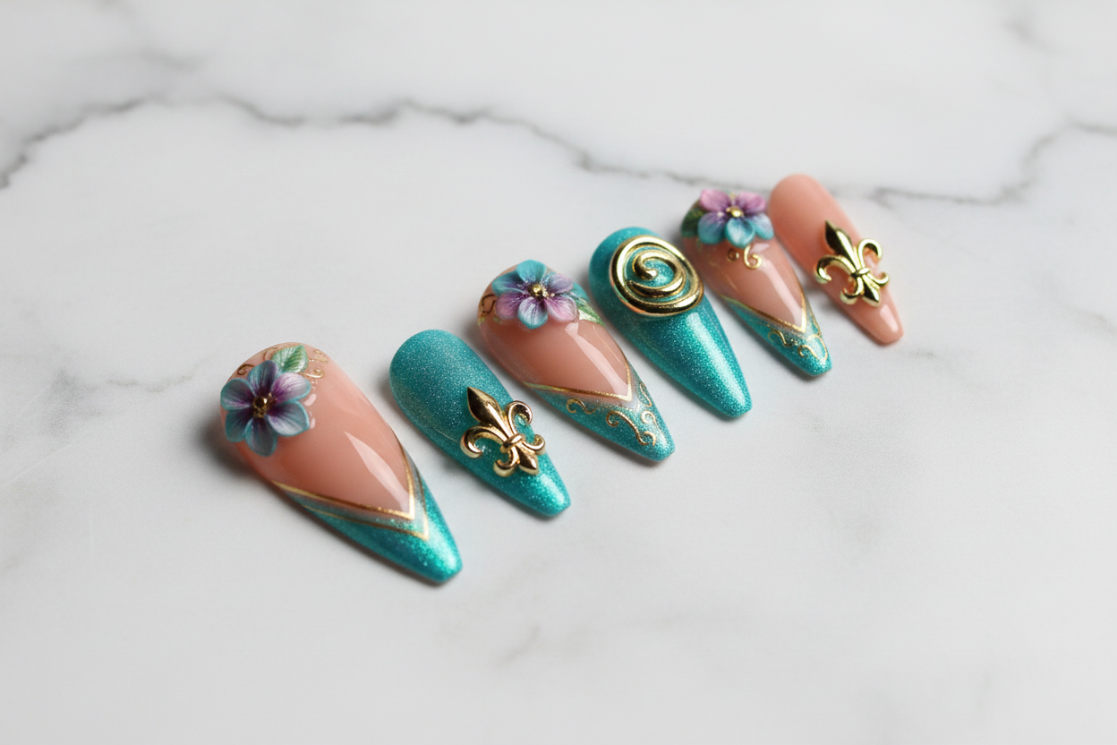 Hero studio shot full set 10 teal gold 3D floral stiletto custom press-on nails white marble — LuxepressCo
