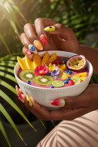 Dark skin hands wearing tropical fruit market 3D custom press-on nails holding luxury tropical smoothie bowl with fresh fruits — LuxepressCo