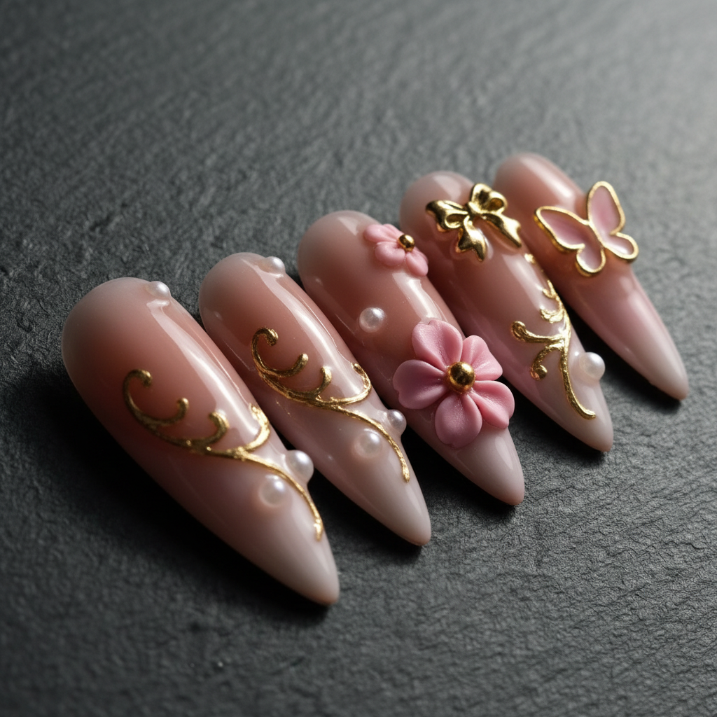 Macro close-up 3D pink flower pearl custom press-on nails gold filigree vine art dramatic lighting — LuxepressCo
