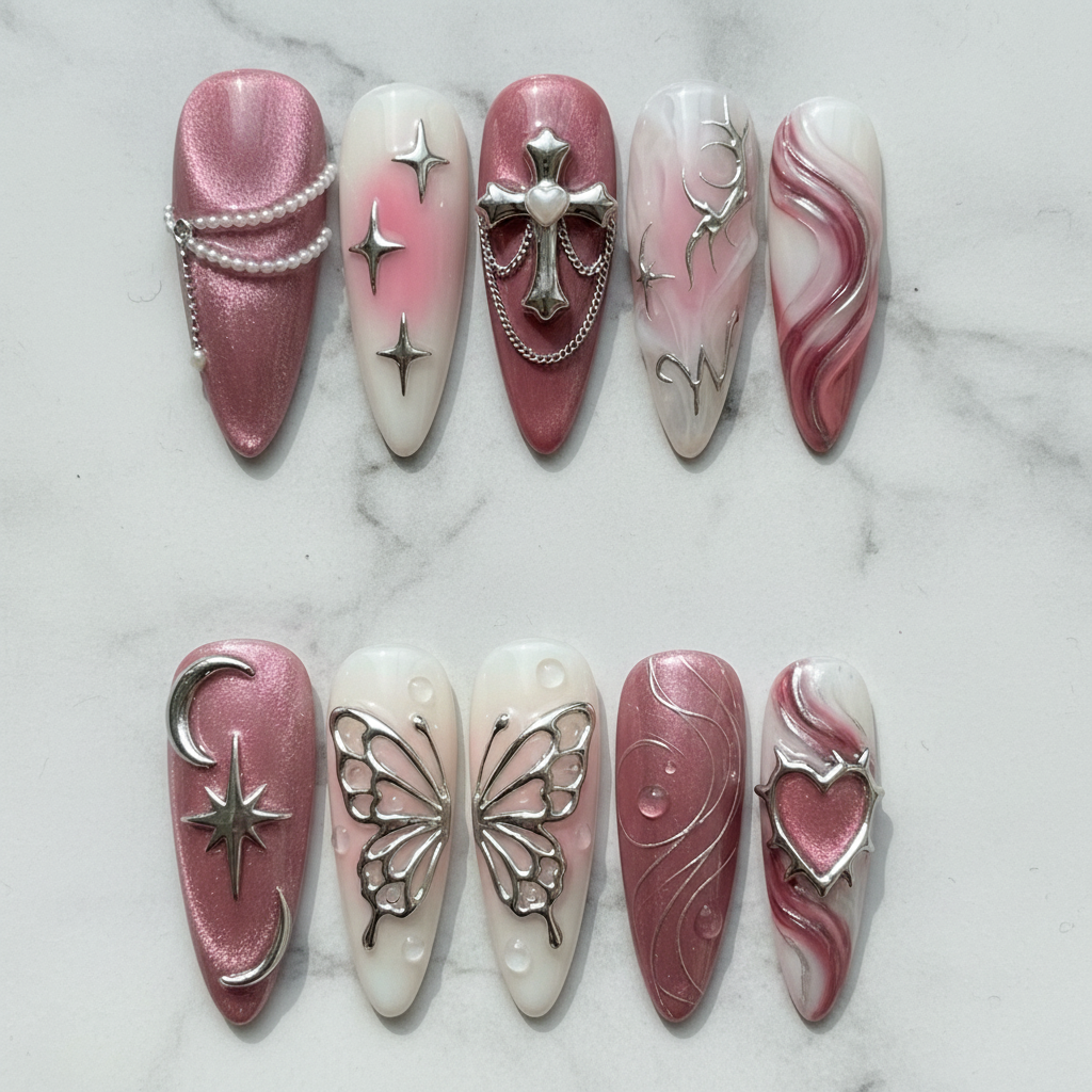 Flat lay top-down full set 10 gothic rose press-on nails arranged on white marble custom press-on nails — LuxepressCo