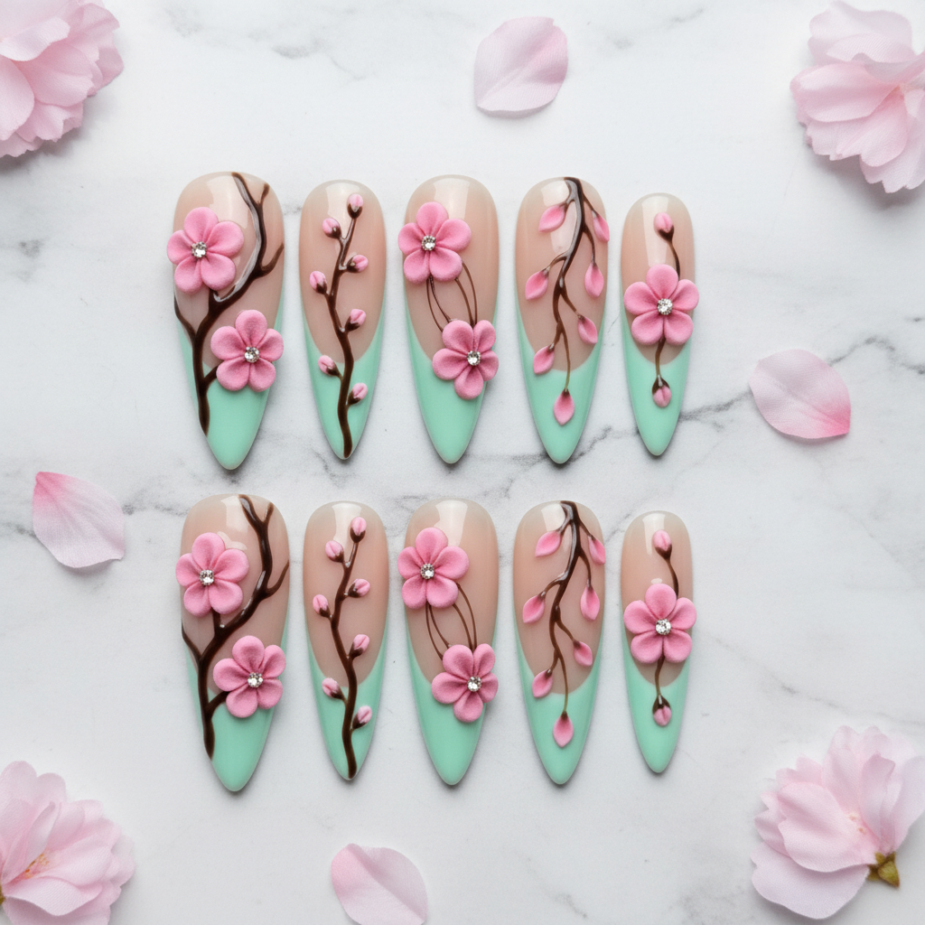 Flat lay top-down full set 10 3D cherry blossom mint green salon-quality nails white marble — LuxepressCo