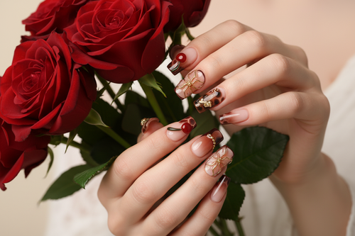 Light skin hands holding red roses wearing dark floral cherry custom press-on nails — LuxepressCo