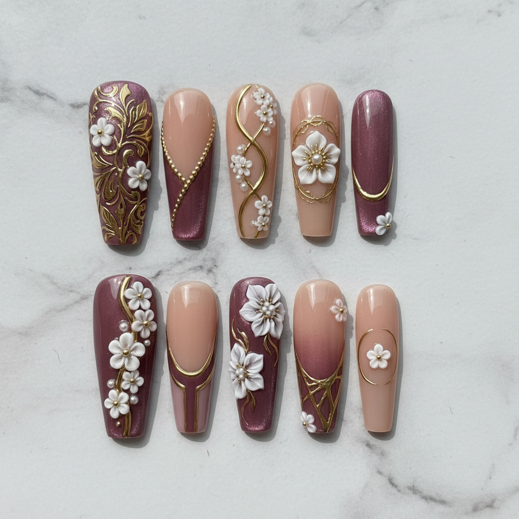 Flat lay top-down full set 10 mauve chrome baroque floral gold custom press-on nails — LuxepressCo