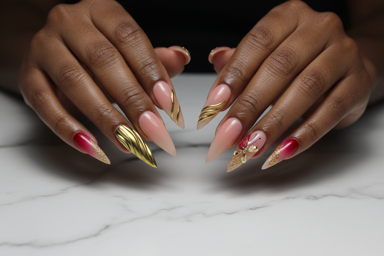 Dark-skinned woman's hands wearing red gold butterfly 3D stiletto press-on nails