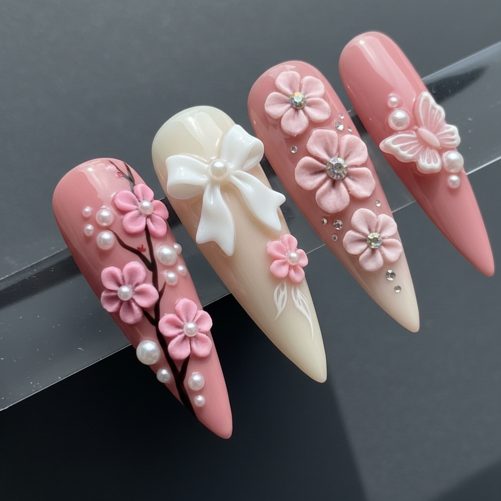 Macro close-up 3D pink floral butterfly rhinestone press-on nails dramatic dark background custom press-on nails pearl embellishment — LuxepressCo