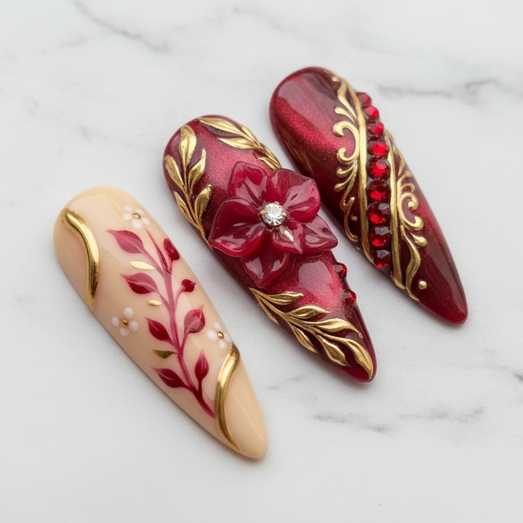 Close-up 3D red floral crystal center gold baroque press-on nails glossy finish — LuxepressCo