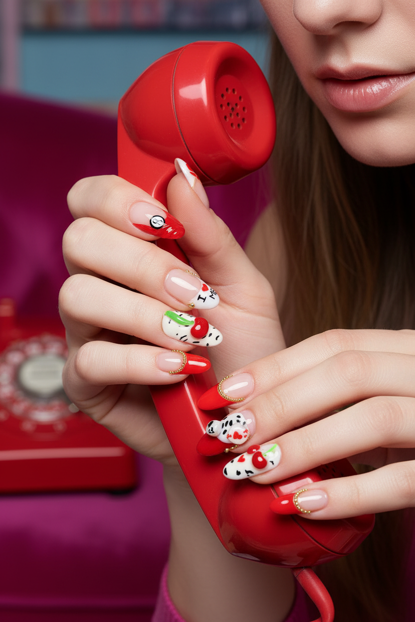 Fair skin hands wearing Y2K pop art I love me custom press-on nails holding red telephone — LuxepressCo