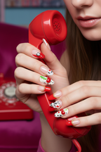 Fair skin hands wearing Y2K pop art I love me custom press-on nails holding red telephone — LuxepressCo