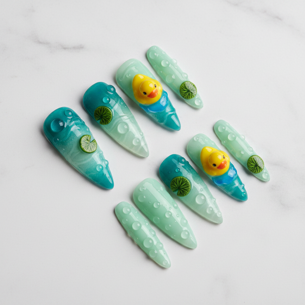 Full set 10 teal mint jelly glass water ripple 3D rubber duck lily pad stiletto custom press-on nails on marble — LuxepressCo