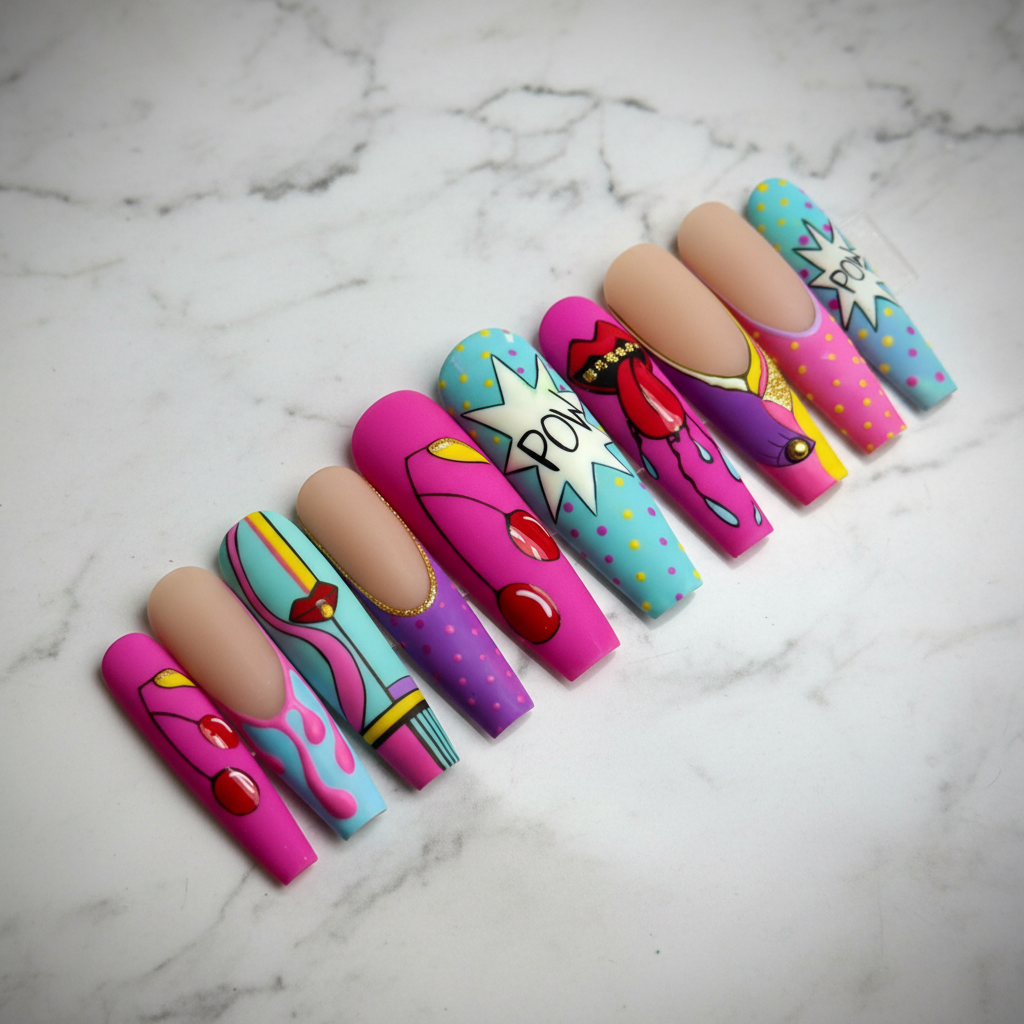 Pop art comic POW burst red lips cherry polka dot Y2K custom press-on nails coffin full set on marble — LuxepressCo
