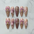 Flat lay top-down full set 10 luxury 3D floral stiletto custom press-on nails white marble — LuxepressCo