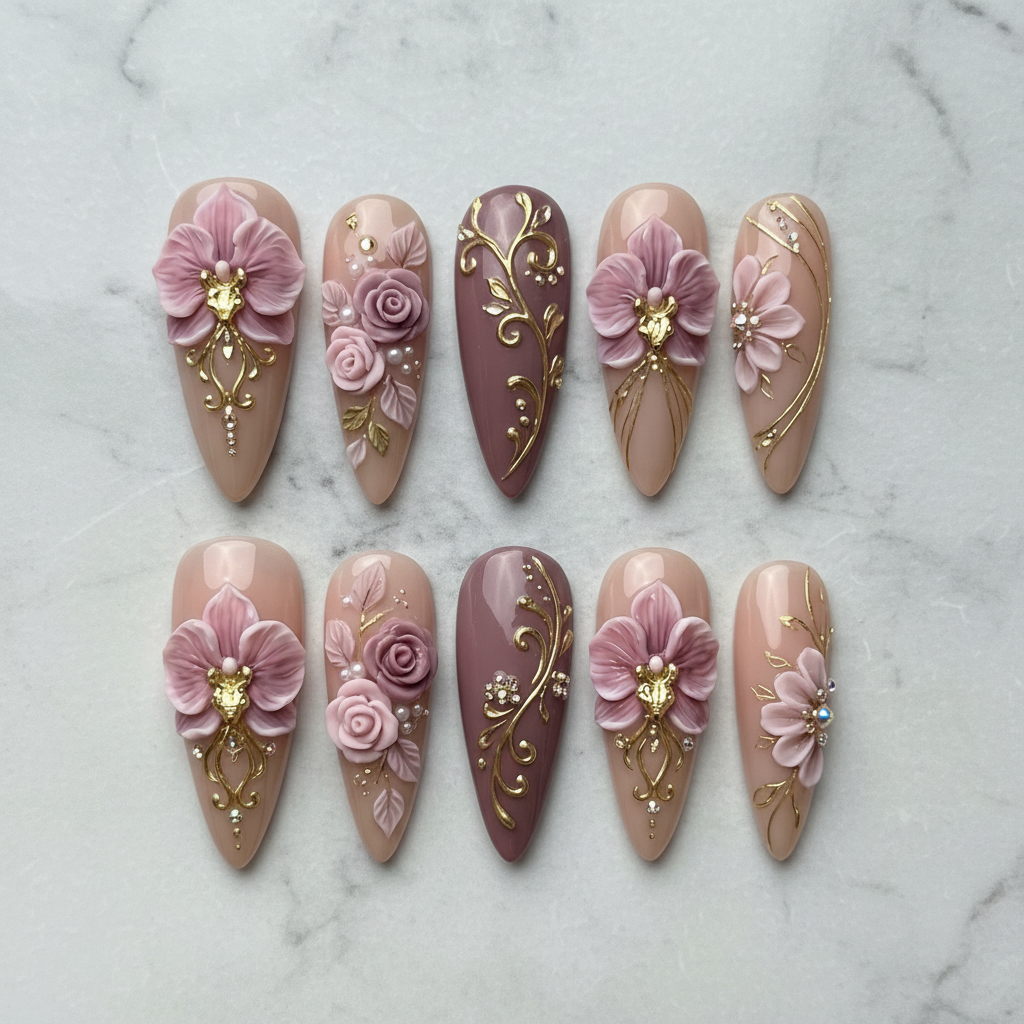 Flat lay top-down full set 10 luxury 3D floral stiletto custom press-on nails white marble — LuxepressCo