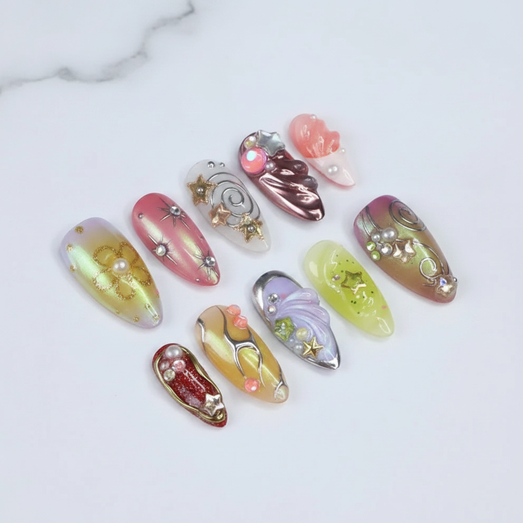 Aurora holographic duochrome 3D swirl star pearl custom press-on nails full set flat lay — LuxepressCo