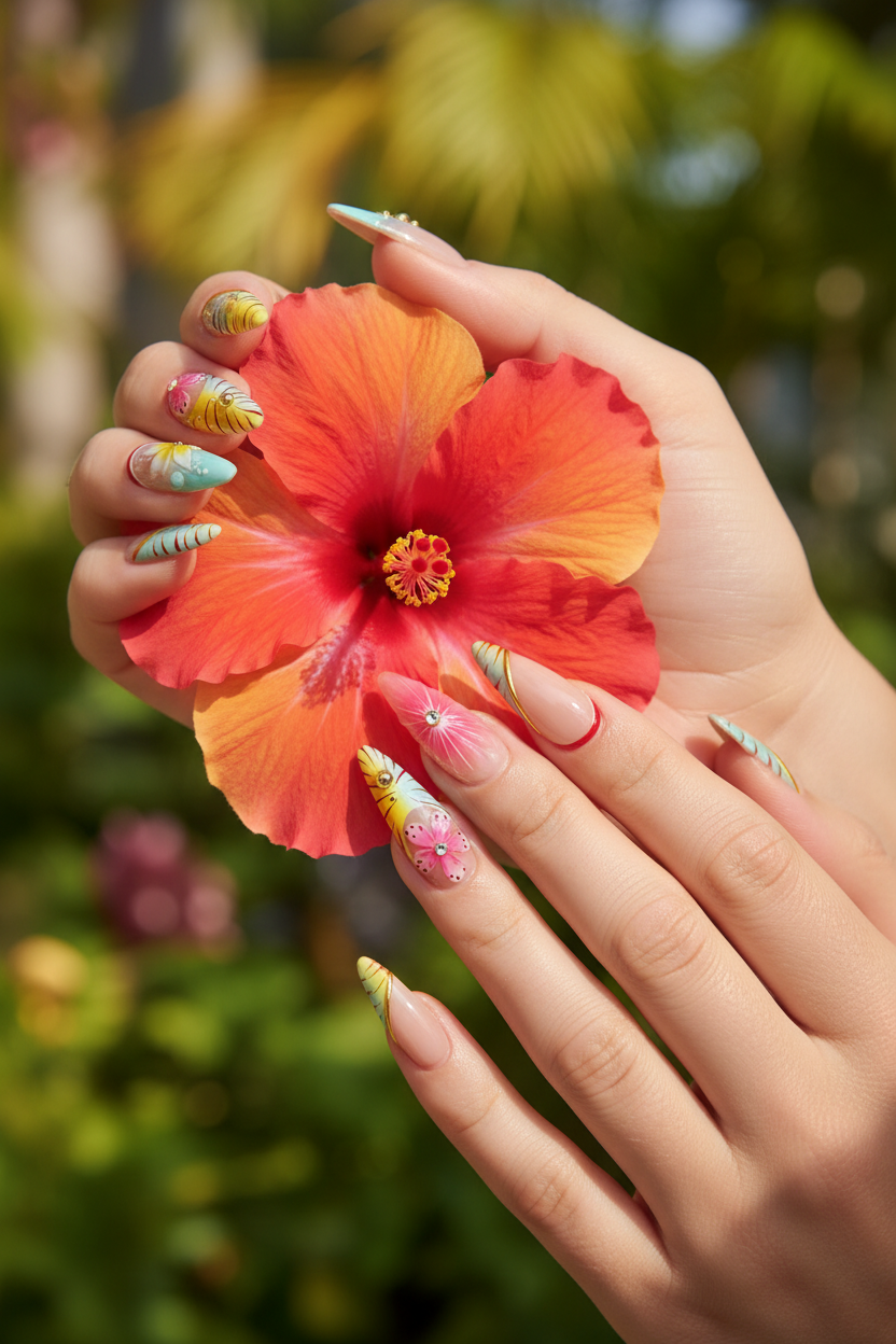 Fair skin hands wearing hibiscus aurora stiletto custom press-on nails holding fresh tropical hibiscus flower in full bloom — LuxepressCo