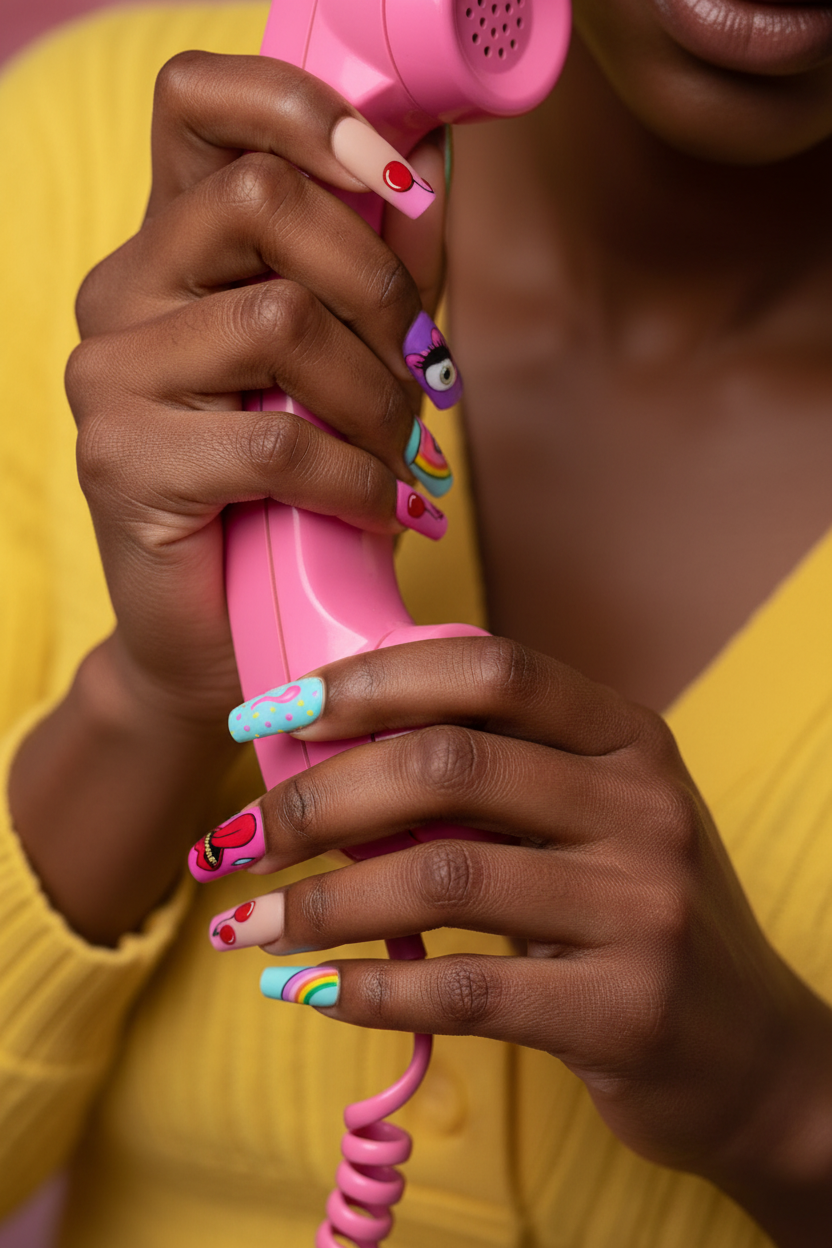 Dark-skin lifestyle pop art comic POW cherry polka dot custom press-on nails holding pink retro phone — LuxepressCo