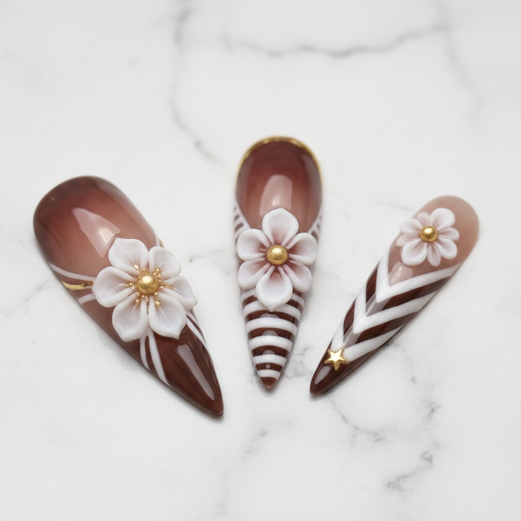 Close-up brown white chevron stripe 3D floral gold foil stiletto salon-quality nails marble background — LuxepressCo
