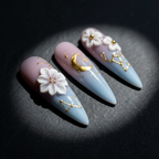 Close-up macro 3D white flower gold bead center crescent moon star dots lavender blue custom press-on nails — LuxepressCo