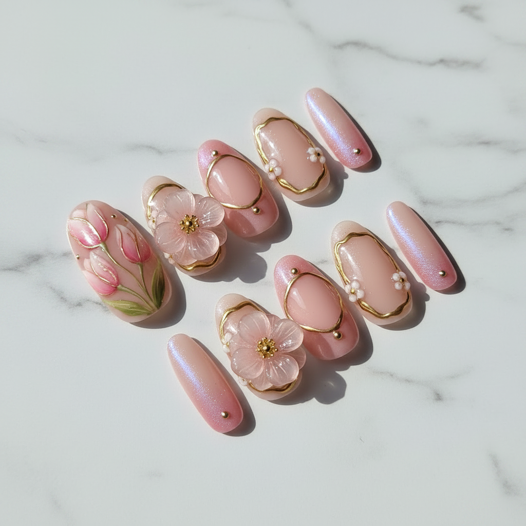 Pink blossom 3D flower charm full set 10 custom press-on nails white marble studio light no hands — LuxepressCo