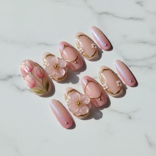 Pink blossom 3D flower charm full set 10 custom press-on nails white marble studio light no hands — LuxepressCo