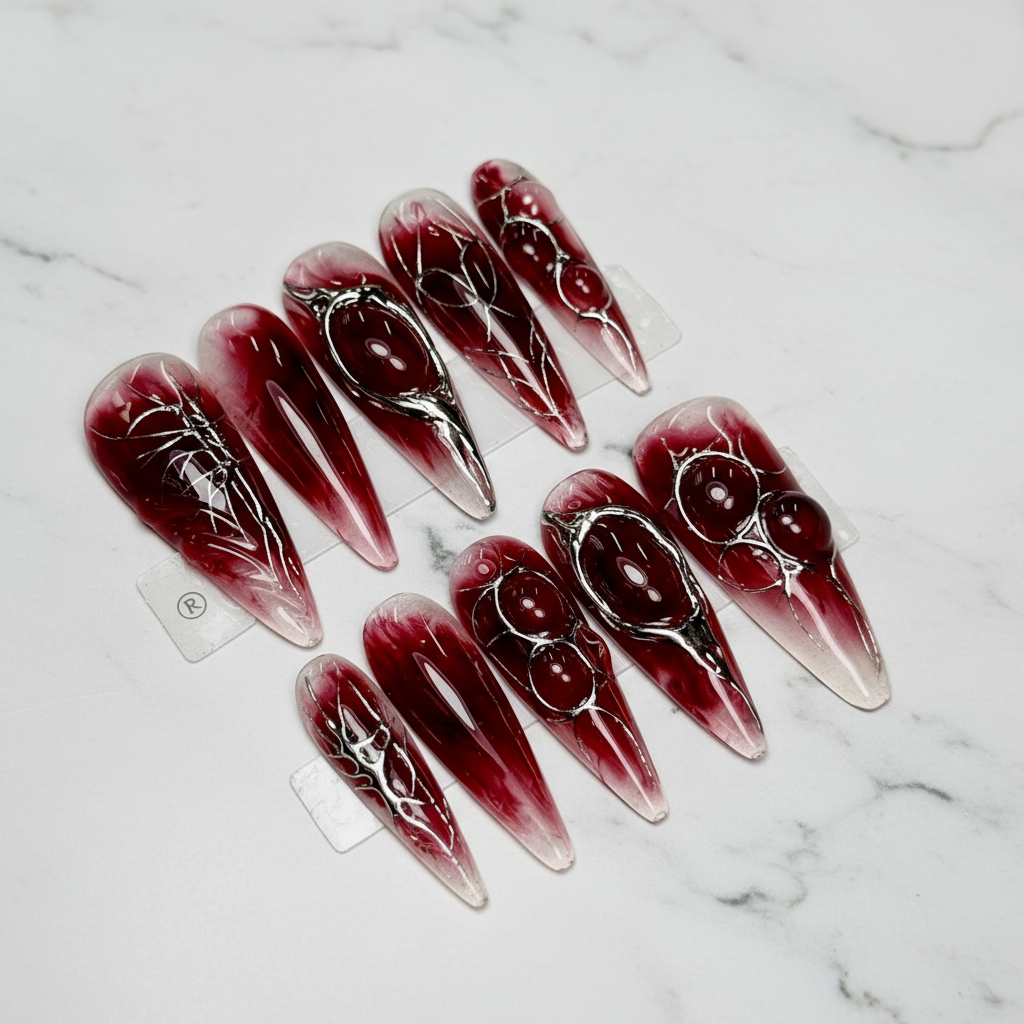Crimson void jelly stiletto custom press-on nails full set silver wire art — LuxepressCo