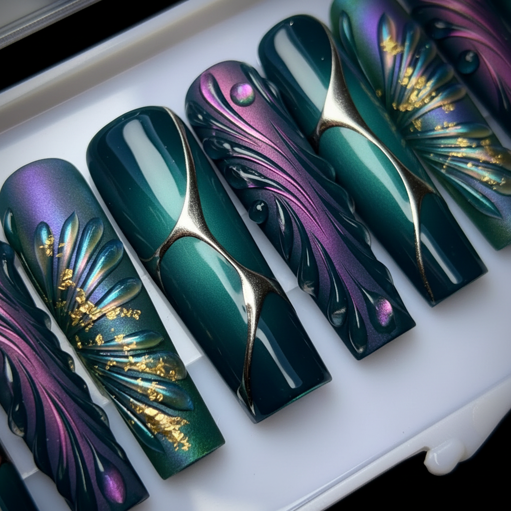 Macro close-up teal chrome aurora color-shift 3D feather relief gold foil water drop custom press-on nails — LuxepressCo