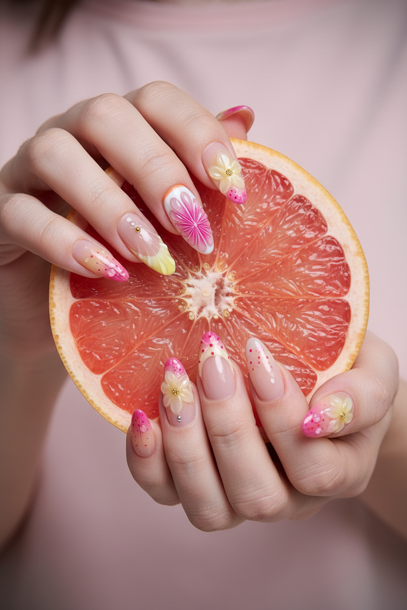 Fair skin hands wearing petal citrus sheer jelly custom press-on nails holding fresh pink grapefruit — LuxepressCo