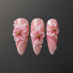 Close-up macro 3D cherry blossom flower gold stamen pearl bead custom press-on nails pink rose — LuxepressCo