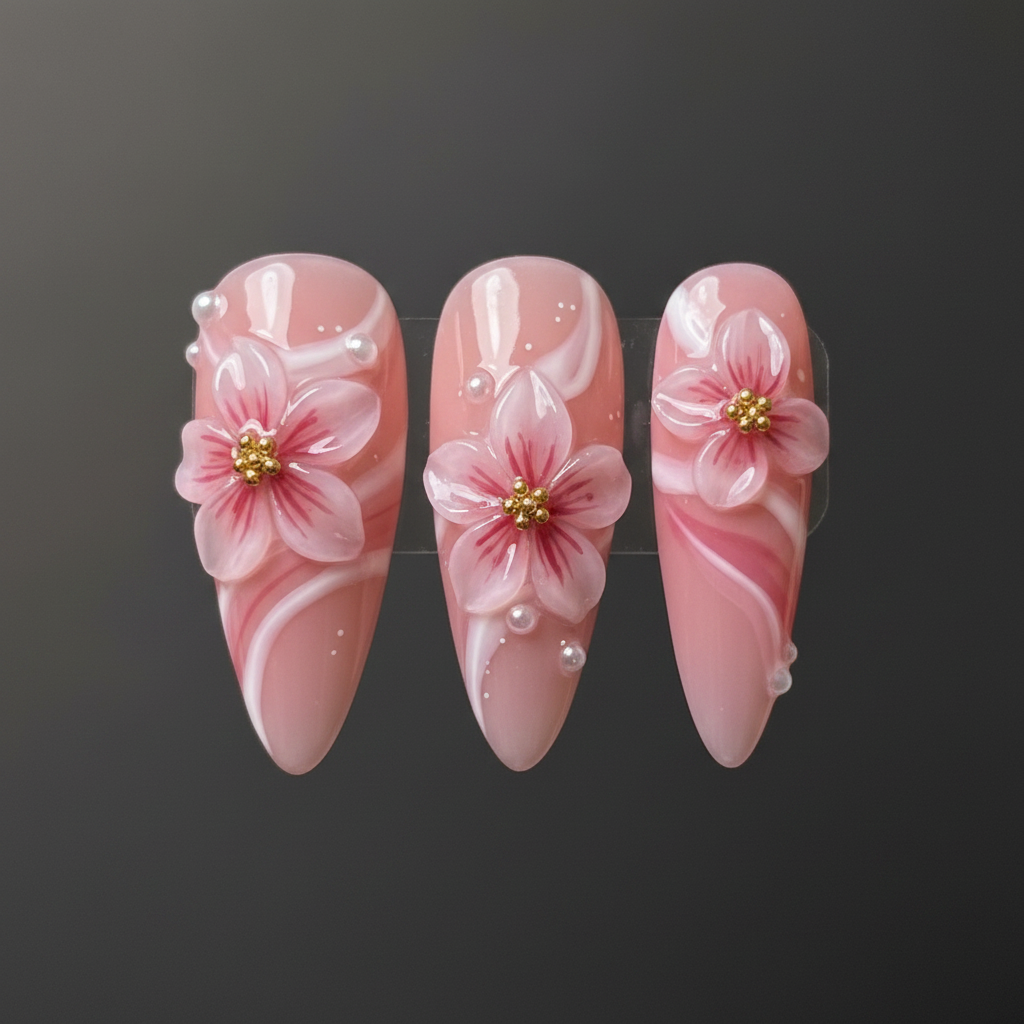 Close-up macro 3D cherry blossom flower gold stamen pearl bead custom press-on nails pink rose — LuxepressCo