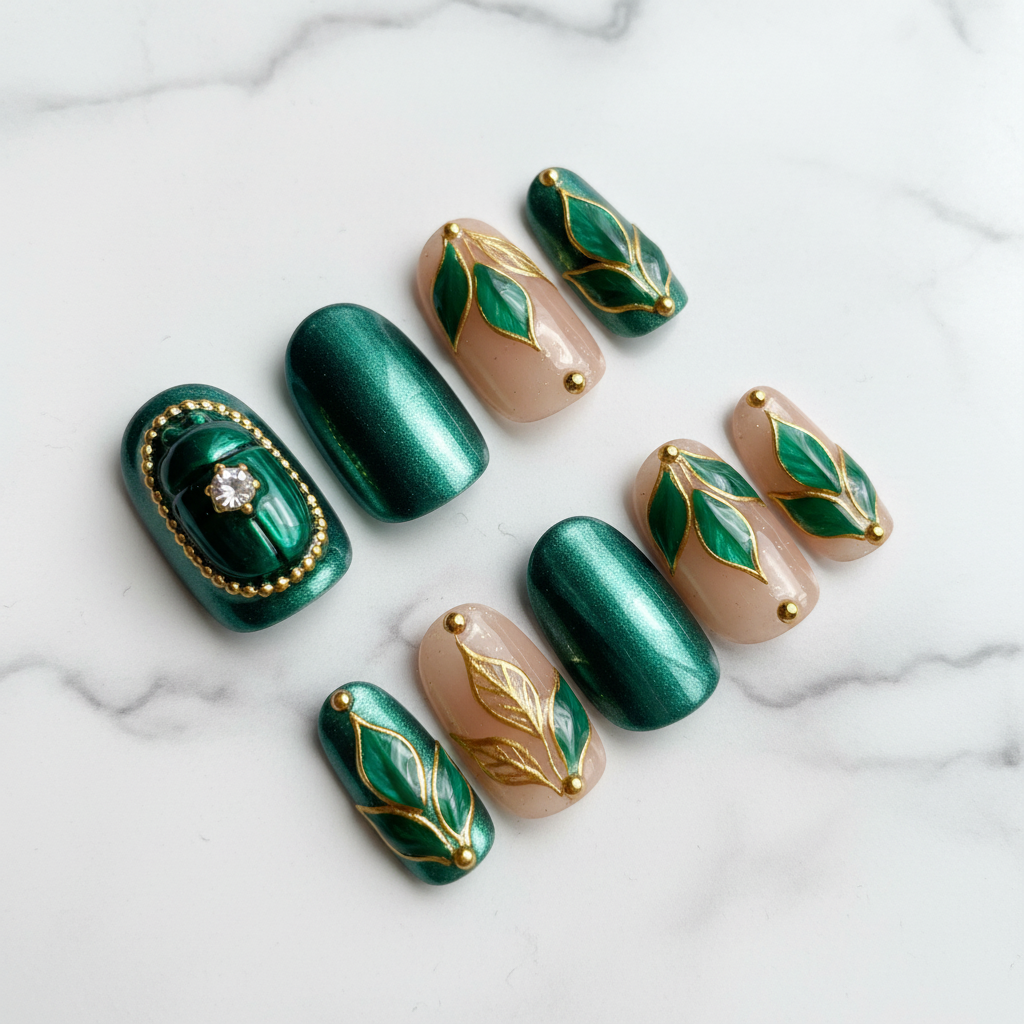 Full set emerald green scarab gold vine press-on nails on white marble studio light custom press-on nails — LuxepressCo