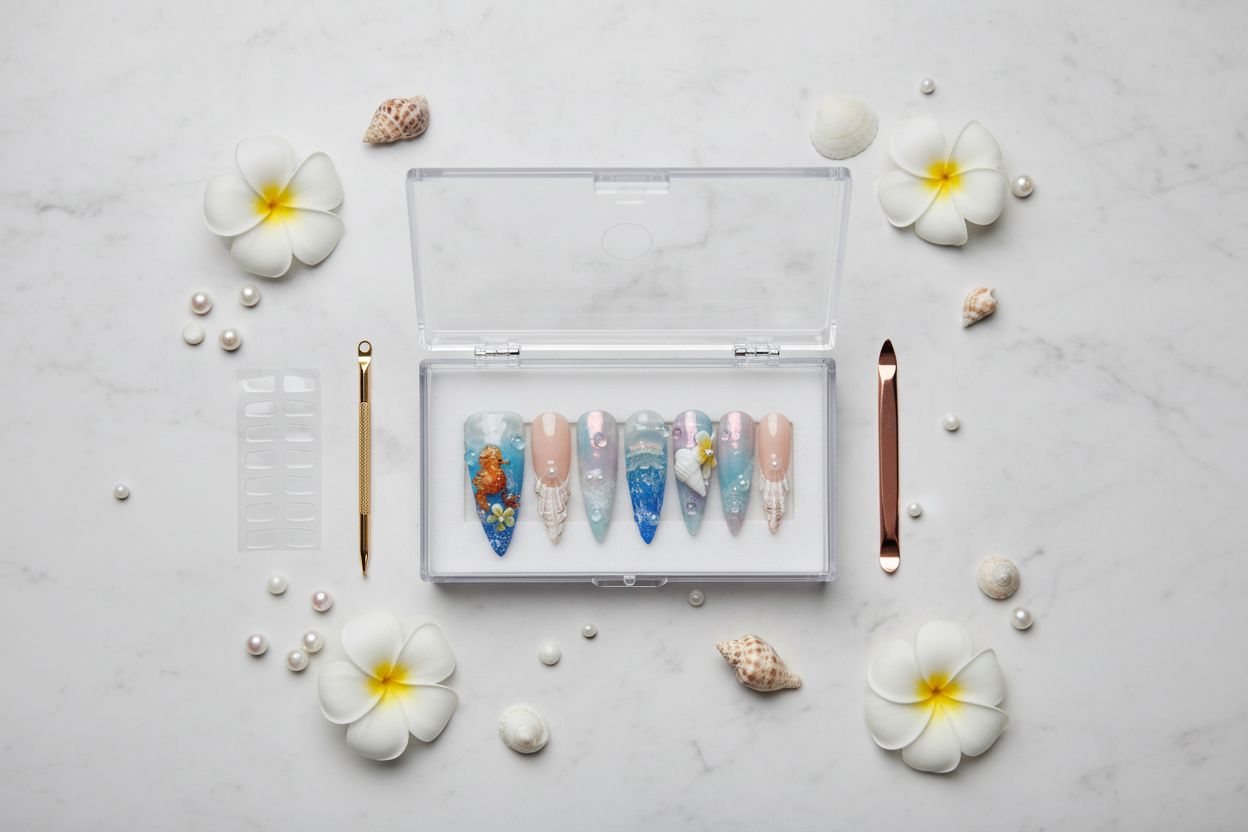 Luxury acrylic box unboxing nude blue watercolor seahorse 3D plumeria seashell pearl stiletto custom press-on nails — LuxepressCo