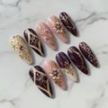Plum gold baroque 3D flower amethyst rhinestone press-on nails hero shot white marble studio custom press-on nails — LuxepressCo