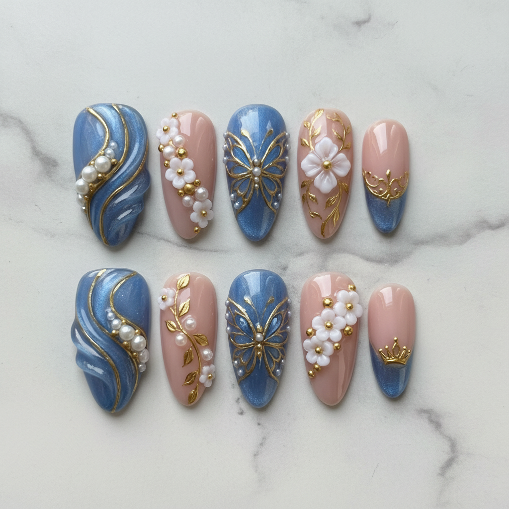 Flat lay top-down full set 10 blue marble gold butterfly floral custom press-on nails — LuxepressCo