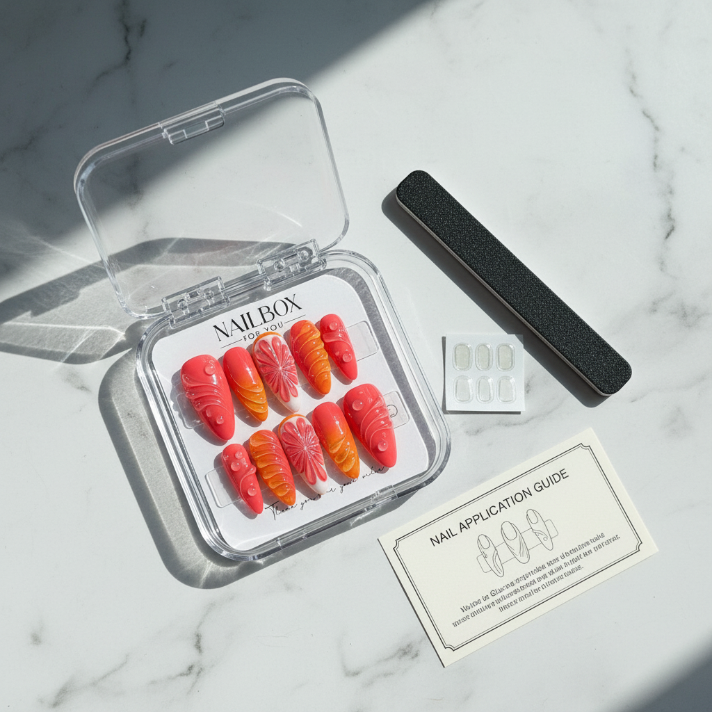 Luxury unboxing acrylic nail box with citrus press-on nails and accessories — LuxepressCo