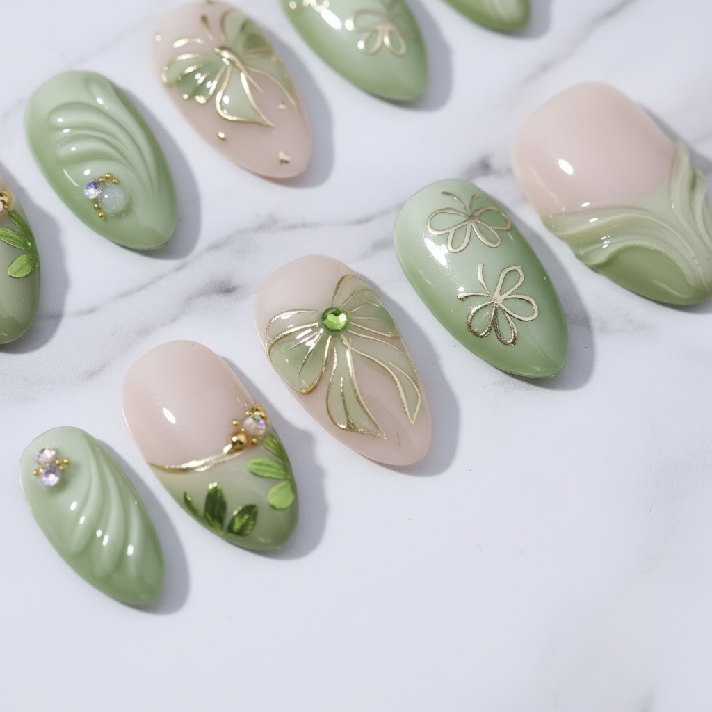 Sage green ombre French tip 3D clover charm daisy outline texture gloss macro custom press-on nails marble — LuxepressCo