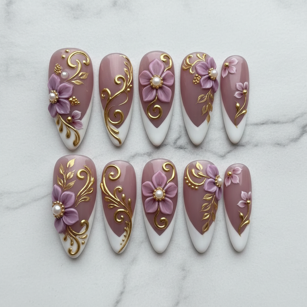 Flat lay top-down full set 10 mauve 3D flower gold baroque filigree French tip pearl salon-quality nails white marble — LuxepressCo