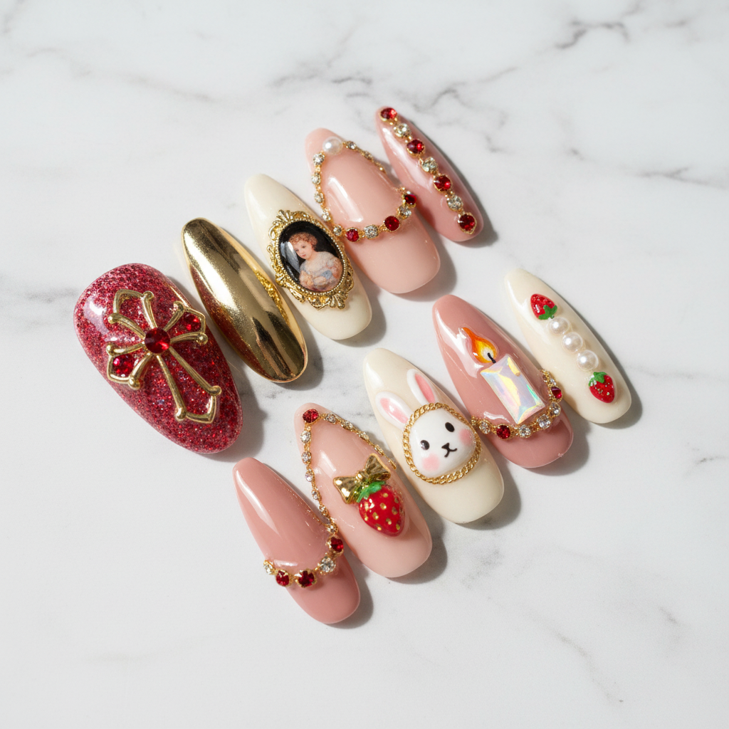 Vintage Romance 3D charm press-on nails full set hero studio white marble 45 degree angle — LuxepressCo