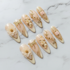 Full set 10 gold dragonfly 3D floral custom press-on nails cream ivory almond on marble — LuxepressCo