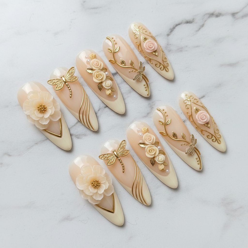 Full set 10 gold dragonfly 3D floral custom press-on nails cream ivory almond on marble — LuxepressCo