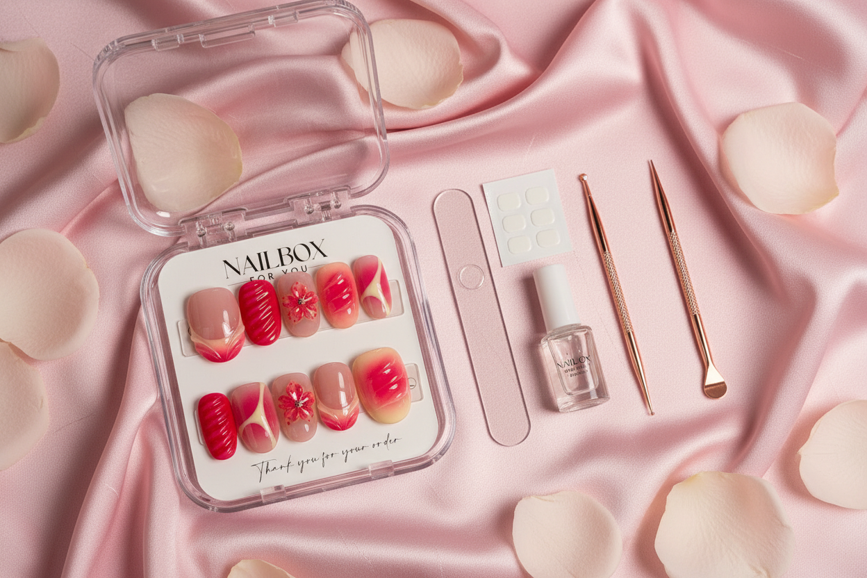 Luxury unboxing acrylic box pink cherry blossom press-on nails with accessories on pink satin — LuxepressCo