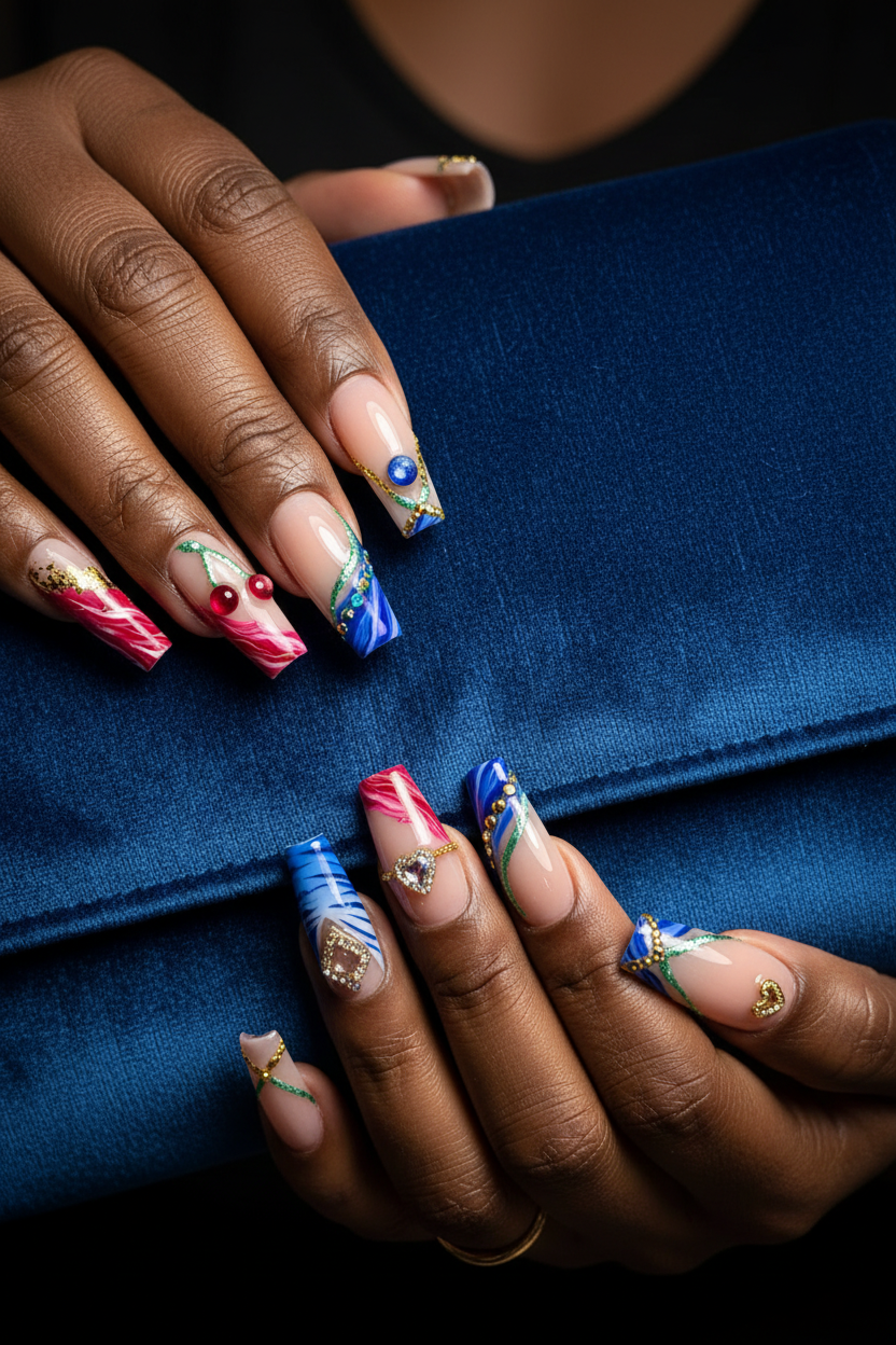 Dark-skin lifestyle pink red blue marble dual custom press-on nails holding sapphire velvet clutch — LuxepressCo