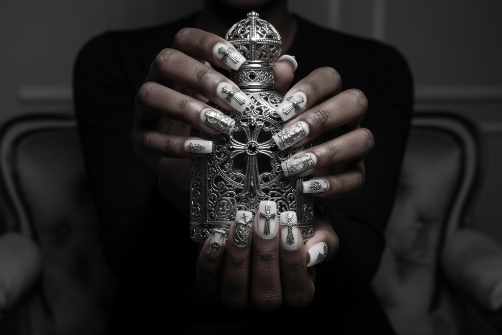 Dark-skin hands wearing gothic silver chrome reusable press-on nails holding silver gothic cross perfume bottle — LuxepressCo