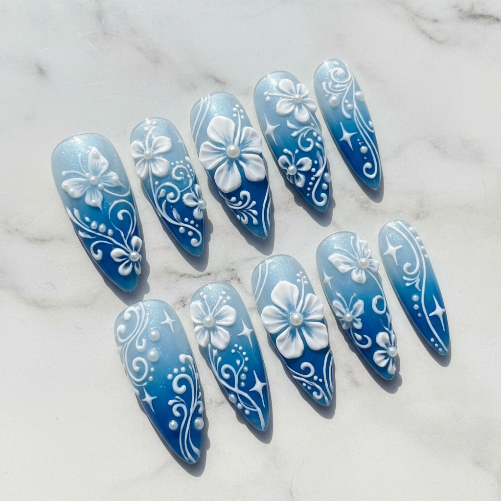 Blue ombre 3D floral pearl full set 10 nails studio hero shot custom press-on nails white marble — LuxepressCo
