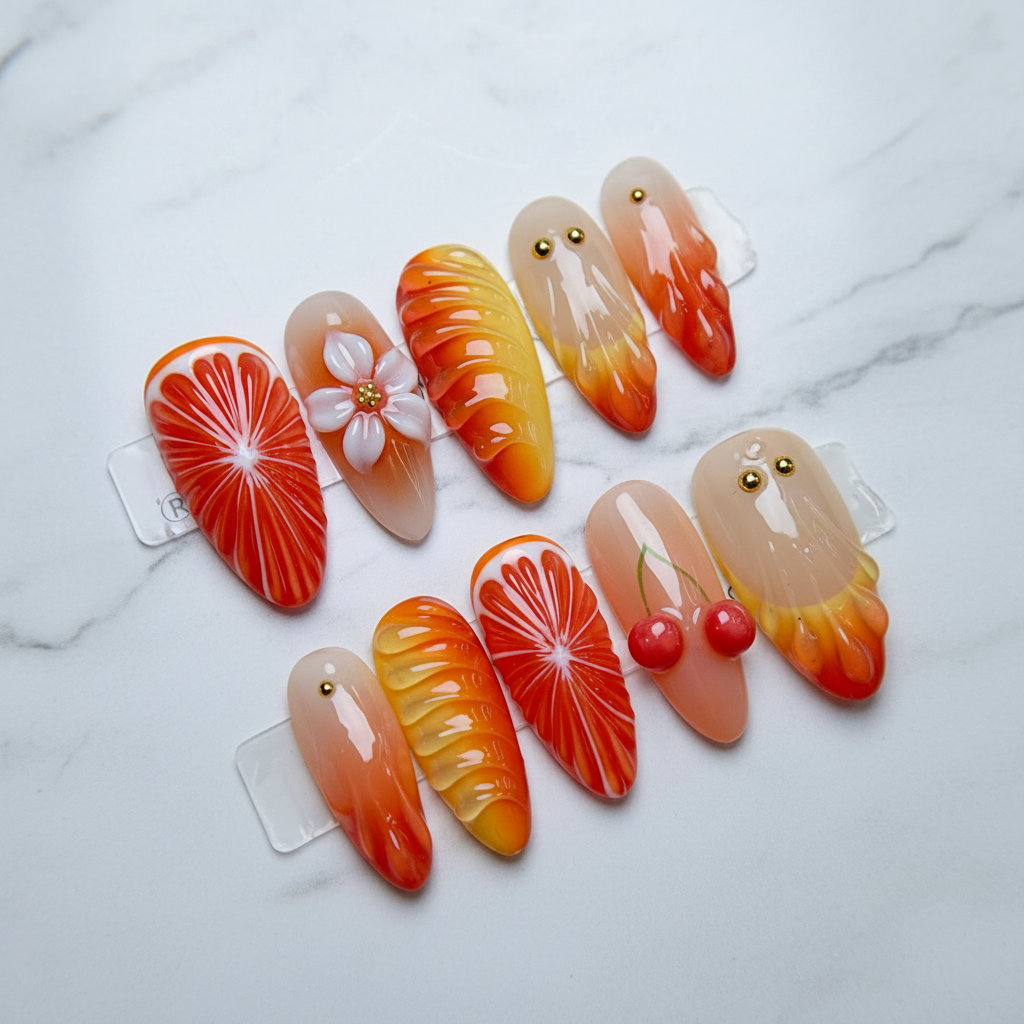 Full set 10 Valencia bloom 3D orange floral blood orange cherry white flower gold bead custom press-on nails on marble — LuxepressCo