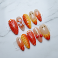 Full set 10 Valencia bloom 3D orange floral blood orange cherry white flower gold bead custom press-on nails on marble — LuxepressCo