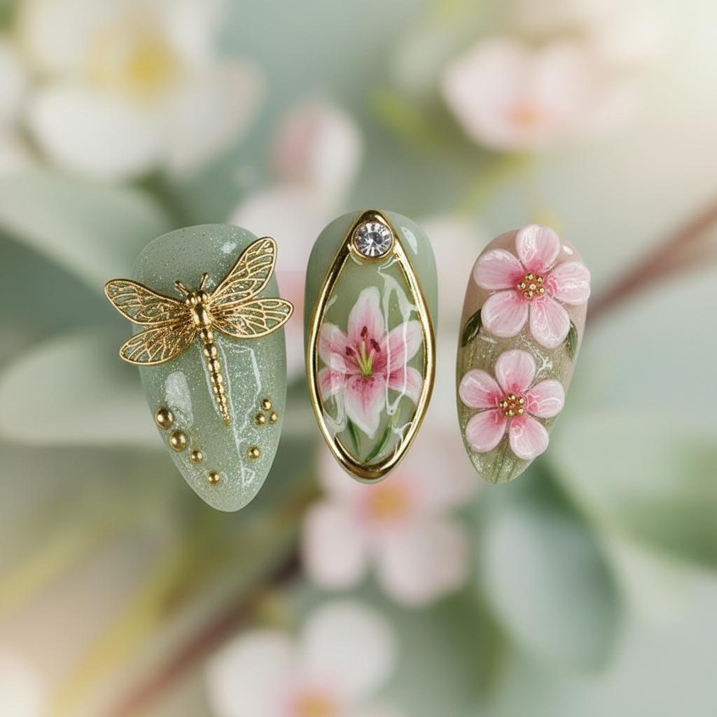 Macro close-up 3D gold dragonfly teardrop frame cherry blossom sage green custom press-on nails detail — LuxepressCo