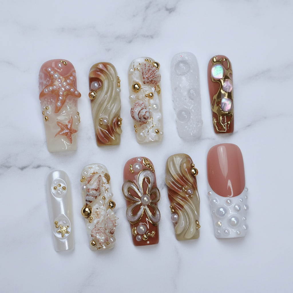 Ocean pearl 3D starfish shell abalone custom press-on nails terracotta swirl blush pink full set flat lay — LuxepressCo